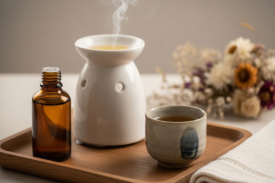 Combo thư giãn với tinh dầu bưởi và đèn xông hương trong không gian ấm cúng