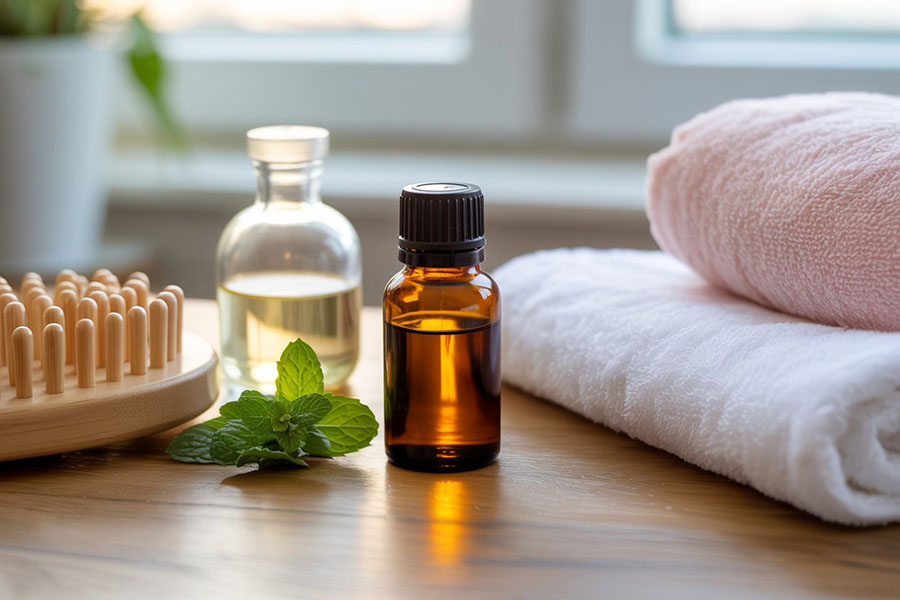 Combo tinh dầu bạc hà và dầu hạnh nhân chăm sóc tóc tại nhà.