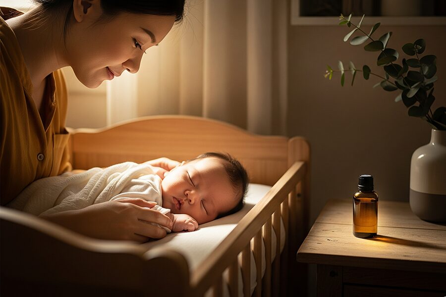 Bé ngủ ngon trong không gian dịu nhẹ hương tinh dầu tràm gió