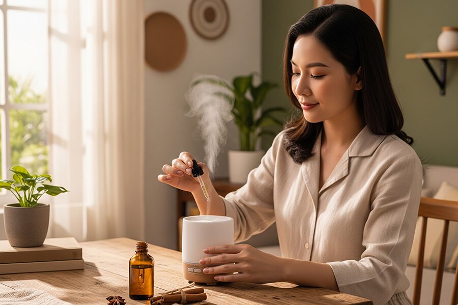 Người phụ nữ Việt đang xông tinh dầu quế trong phòng khách ấm áp