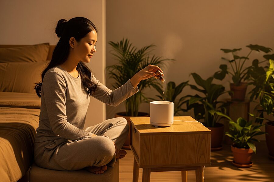 Người phụ nữ đang nhỏ tinh dầu quýt nguyên chất vào máy khuếch tán trong phòng ngủ