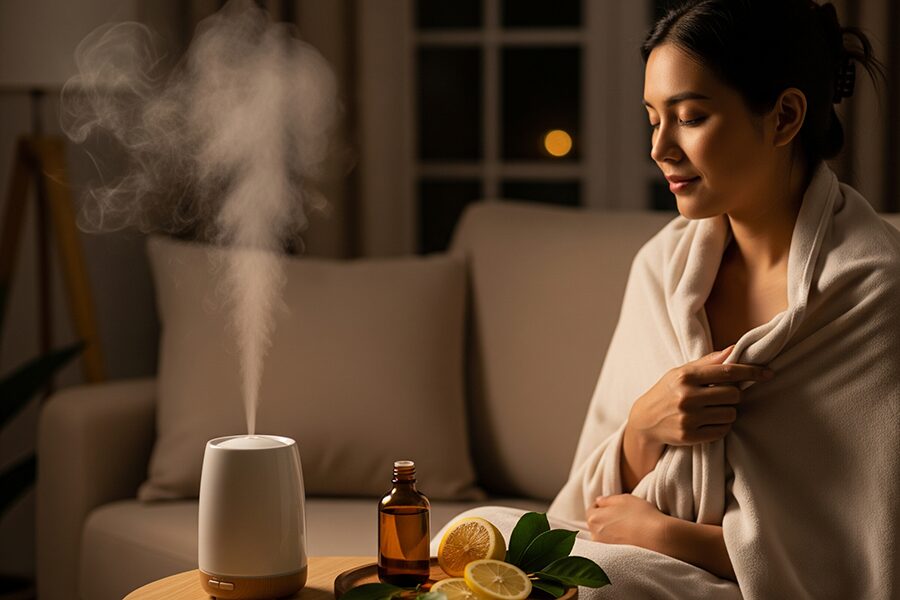 Phụ nữ Việt Nam thư giãn buổi tối với tinh dầu chanh giúp dễ ngủ và dịu tinh thần