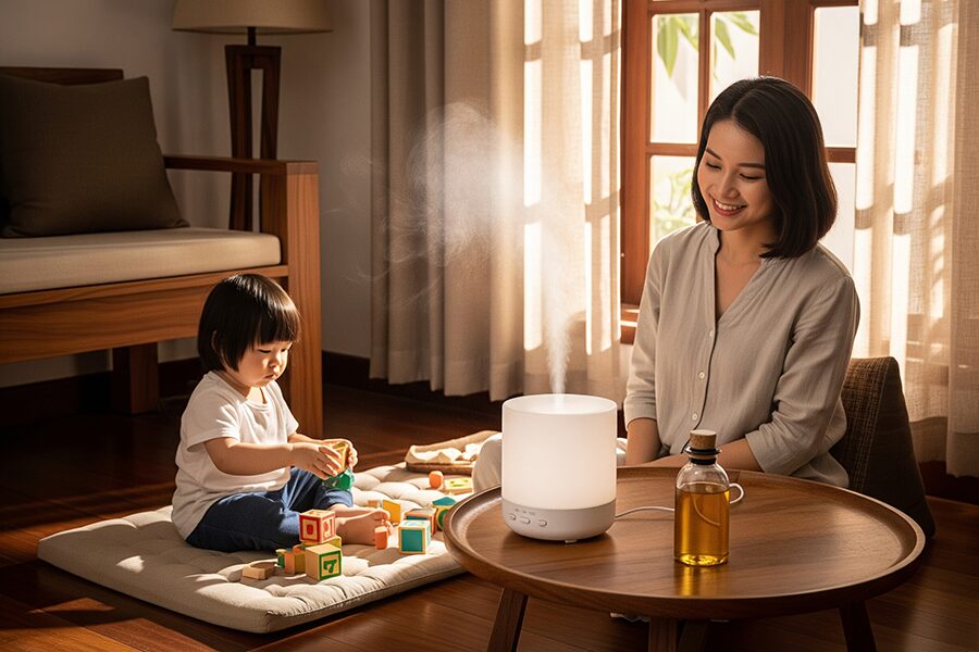 Người mẹ dùng tinh dầu sả Java để xông phòng cho bé