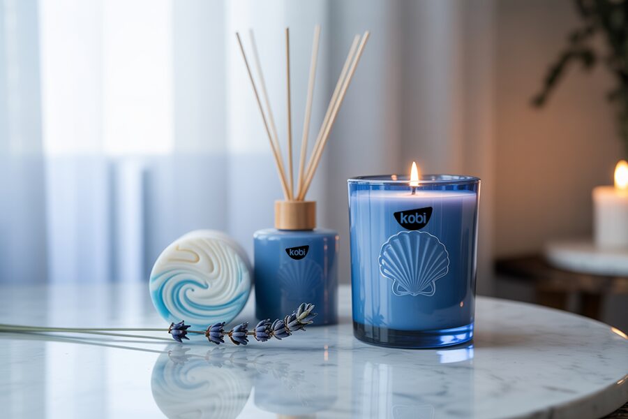 Bộ nến thơm, xà phòng và reed diffuser tông xanh biển và trắng, phong cách tươi mát, hiện đại