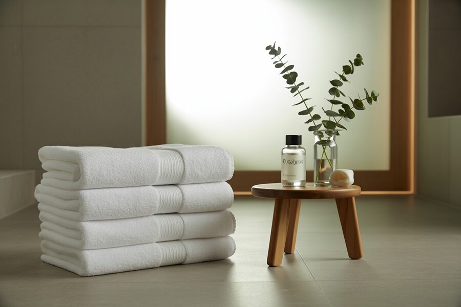Không gian spa sang trọng với ánh sáng dịu, khăn trắng và lọ tinh dầu thơm