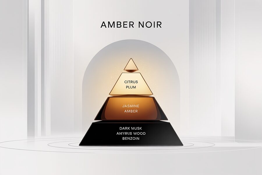 Sơ đồ tầng hương Amber Noir gồm citrus và plum ở tầng đầu, jasmine và amber ở tầng giữa, musk tối màu, gỗ amyris và benzoin ở tầng cuối, thiết kế tối giản tinh tế.