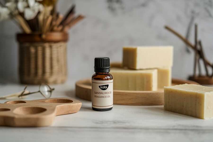 Người làm xà phòng thủ công với Sandalwood Fragrance Oil trên bàn làm việc.