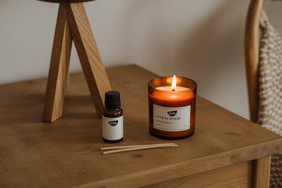Nến thơm và lọ Sandalwood Fragrance Oil tỏa hương gỗ trầm ấm trong không gian ấm cúng.