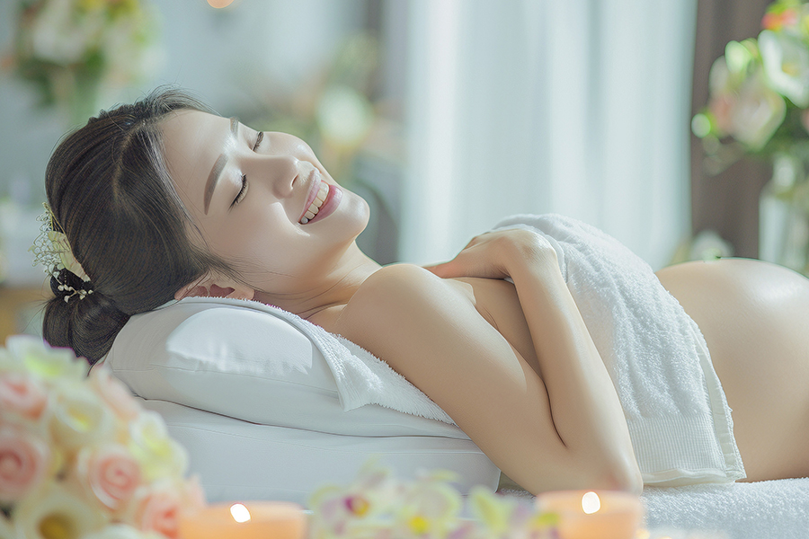 Mẹ bầu thư giãn với dầu massage thiên nhiên, giúp giảm đau nhức, cải thiện tuần hoàn và dưỡng da.