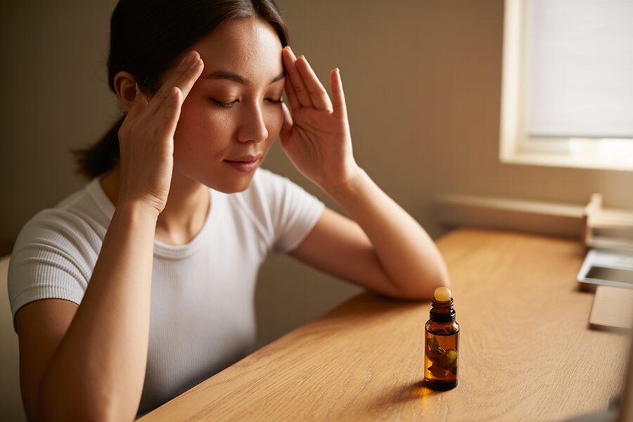 Người dùng dầu lăn thư giãn đầu óc, giảm đau đầu bằng thảo dược thiên nhiên.