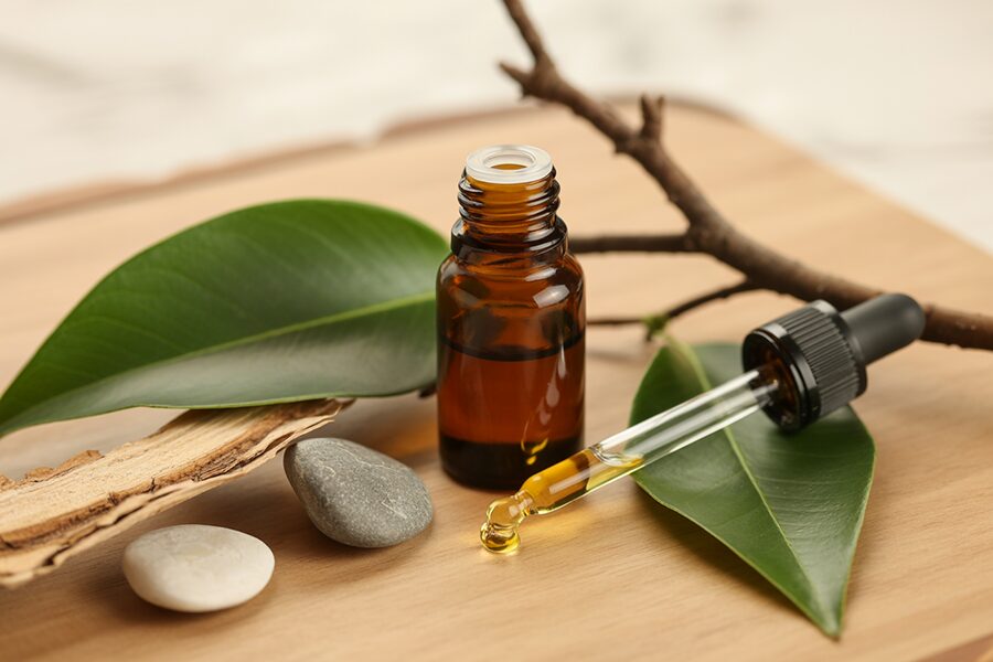 Chai tinh dầu long não màu hổ phách và nguyên liệu tự nhiên xung quanh
