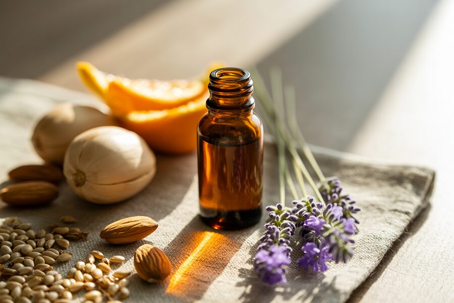Dầu massage thiên nhiên với chai thủy tinh nâu, tinh dầu và nguyên liệu thực vật