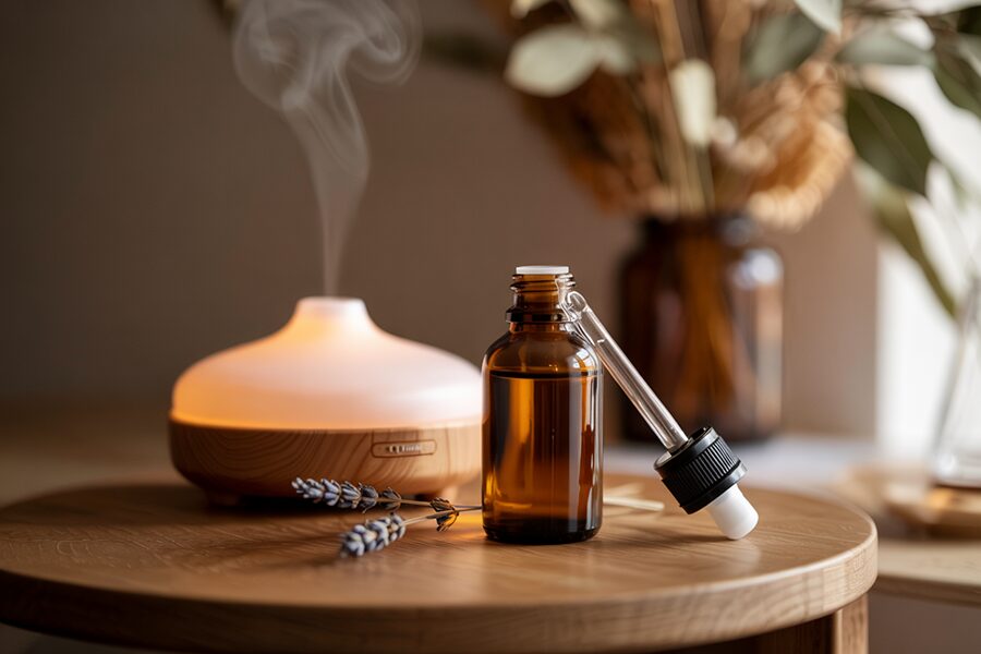 Tinh dầu thiên nhiên trong chai thủy tinh nâu và máy xông trên nền gỗ tối giản.
