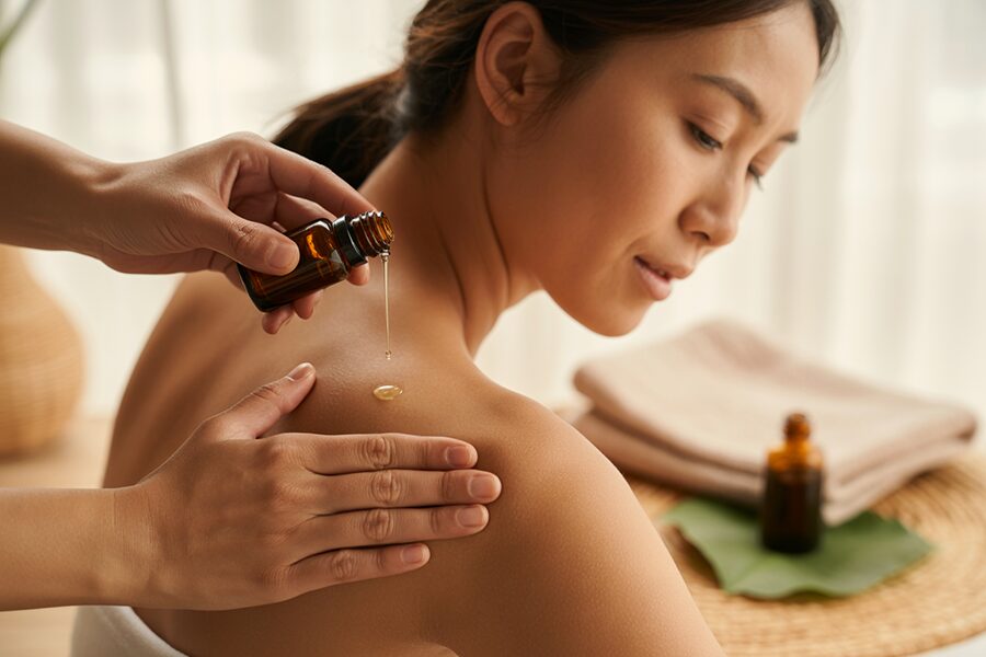 Massage vai gáy với tinh dầu long não giúp thư giãn và giảm đau nhức