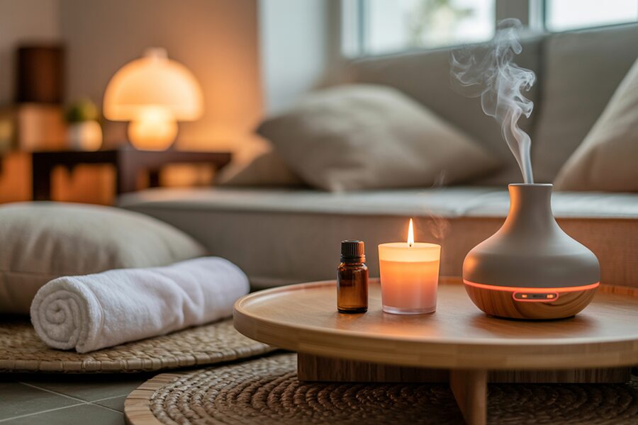 Không gian massage tại nhà với ánh nến và tinh dầu thư giãn