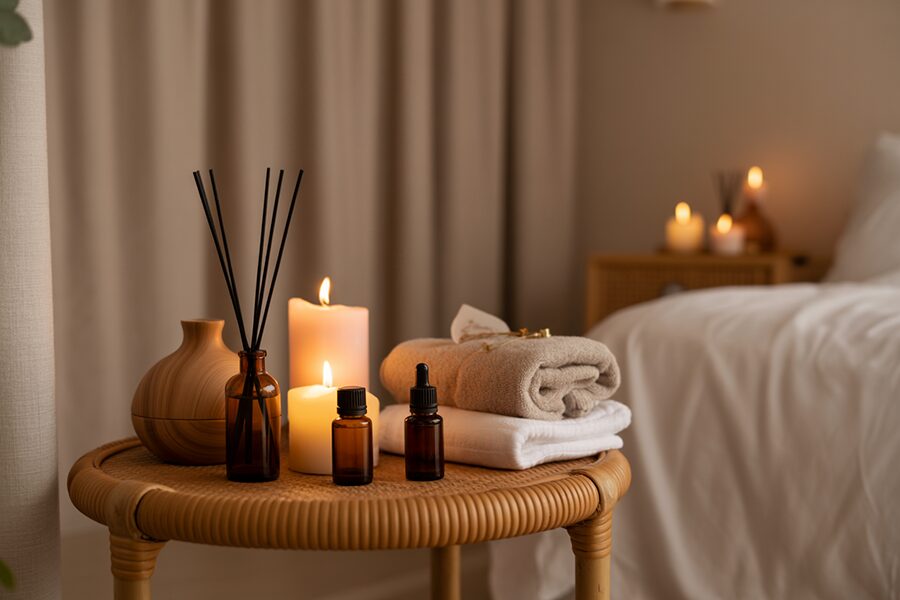 Góc phòng massage tại nhà với nến thơm, tinh dầu và ánh sáng dịu nhẹ