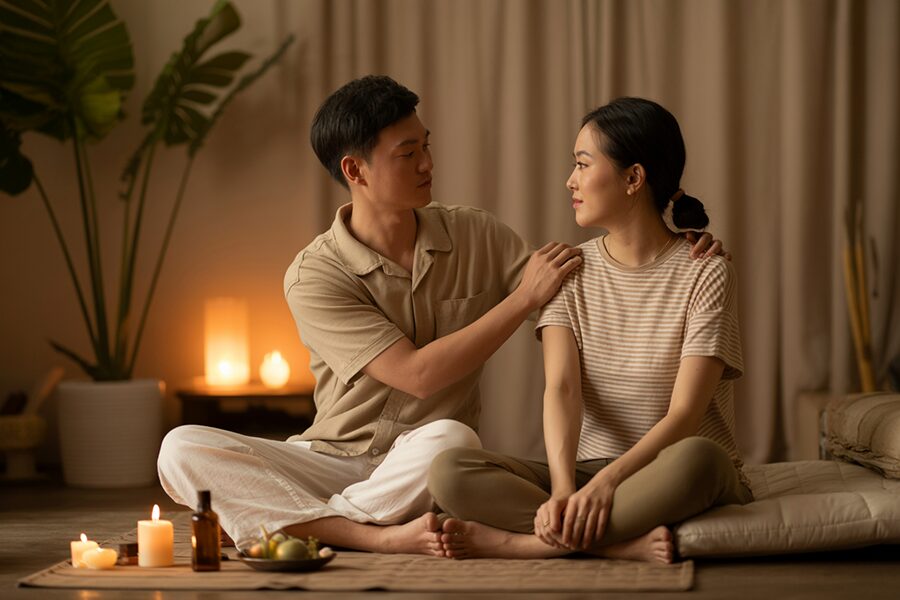 Vợ chồng người Việt massage cho nhau tại nhà trong không gian ấm cúng