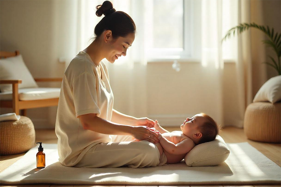 Mẹ massage cho bé bằng dầu thiên nhiên an toàn