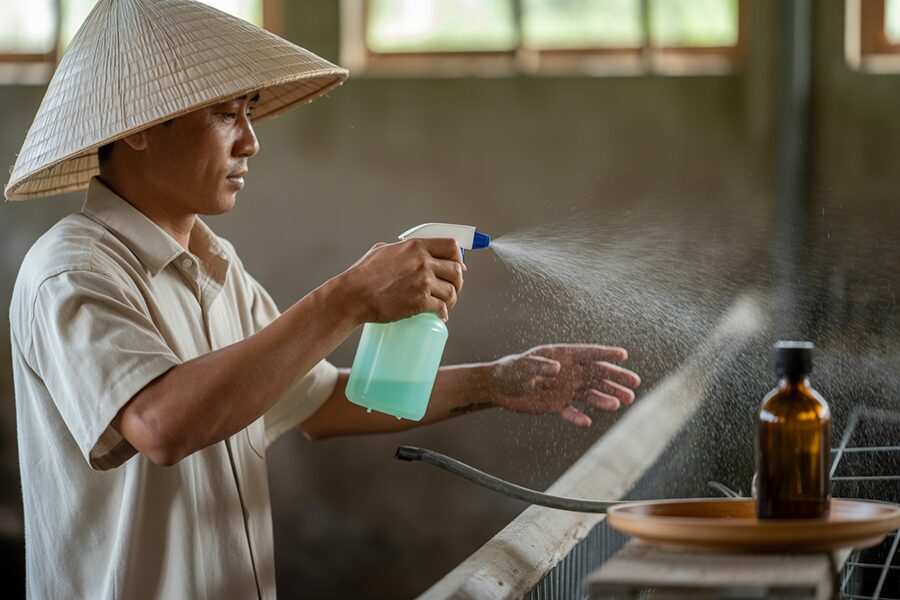 Nông dân Việt đang xịt tinh dầu khử trùng chuồng trại tự nhiên