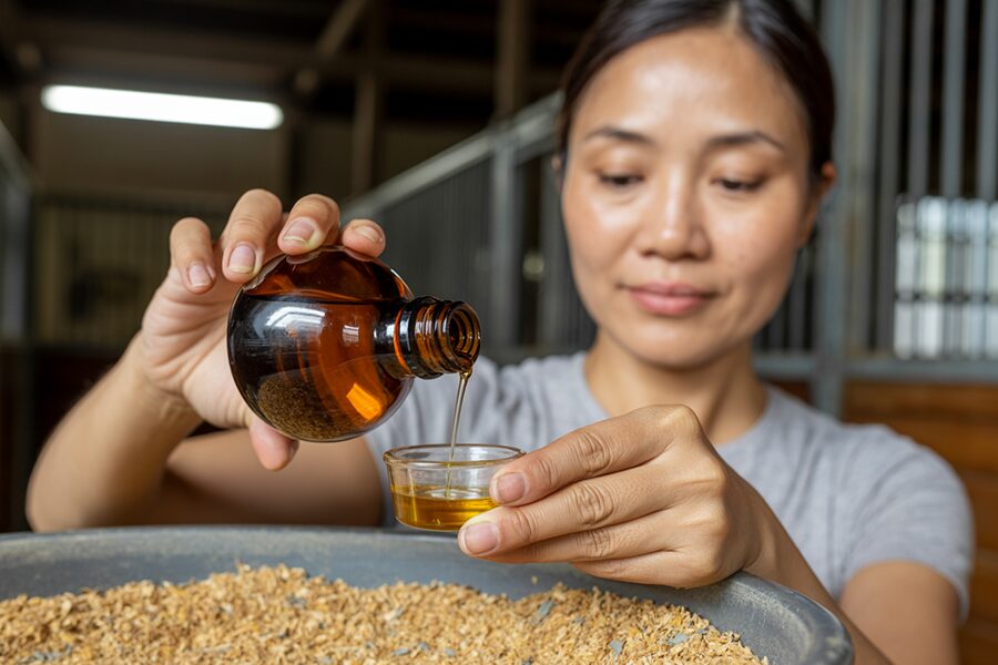 Người chăm sóc bổ sung dầu hạt lanh vào thức ăn cho ngựa đua.