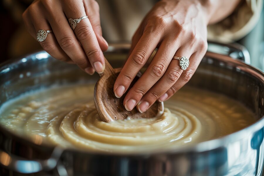 Đôi tay khéo léo khuấy xà phòng handmade