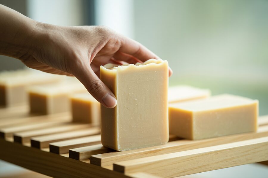 Người Châu Á đang sắp xếp xà phòng Cold Process mịn màng trên giá ủ.