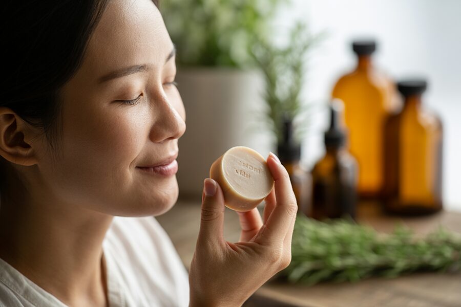 Người phụ nữ Việt Nam thư giãn với xà phòng chứa tinh dầu, thể hiện lợi ích vượt trội của tinh dầu trong xà phòng.
