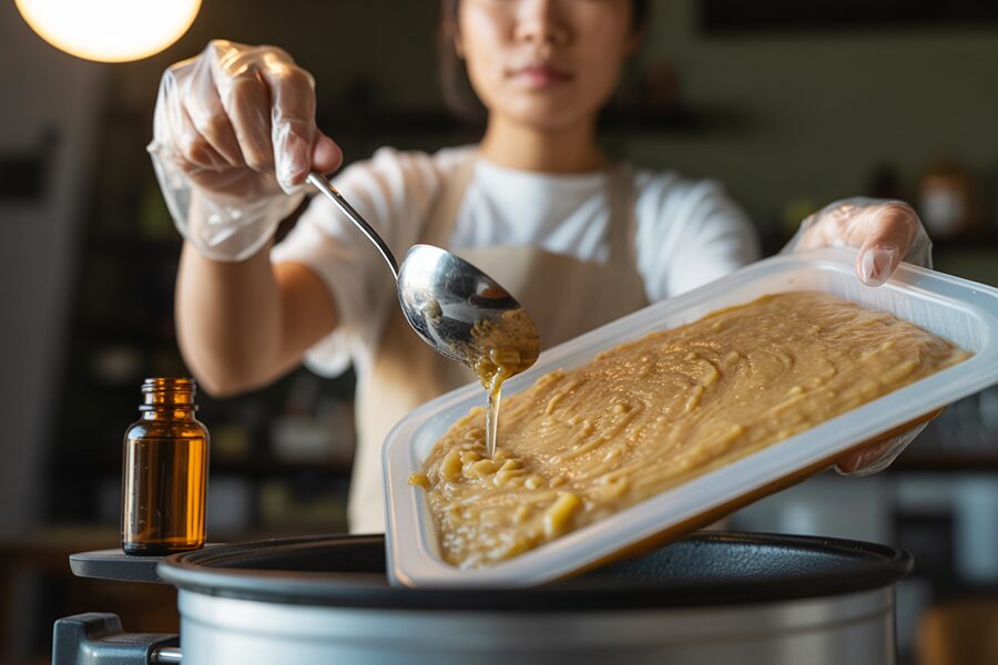 Người Châu Á đang làm xà phòng Hot Process, thêm tinh dầu vào nồi nấu chậm.