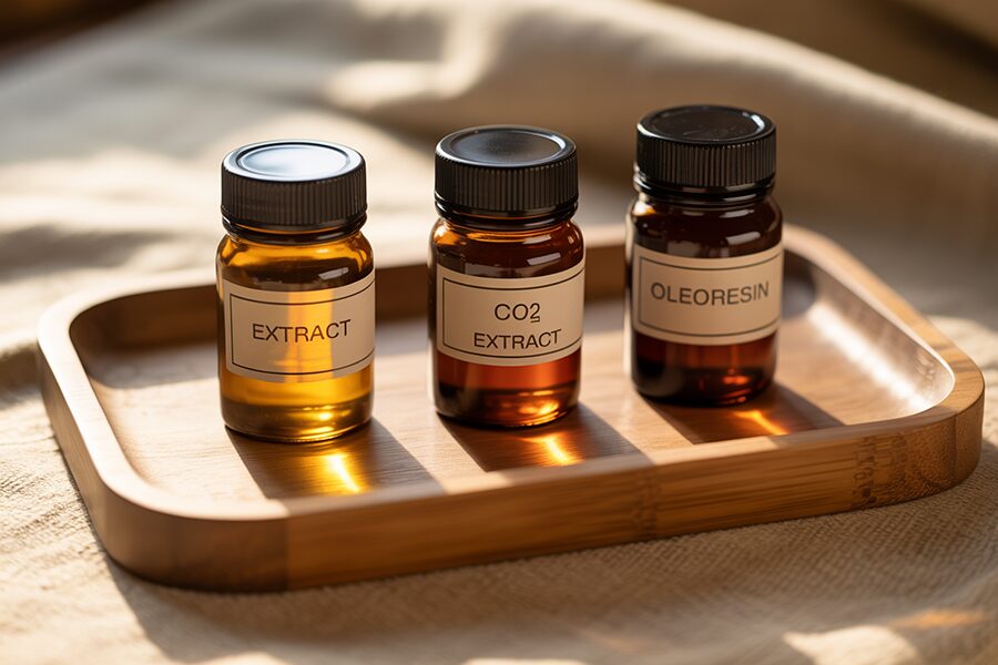Bảng so sánh Extract, ScCO₂ Extract và Oleoresin qua màu sắc và độ đậm đặc.