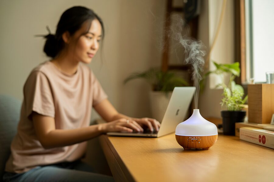 Người Việt Nam làm việc tại bàn với máy xông tinh dầu mini nhỏ gọn.