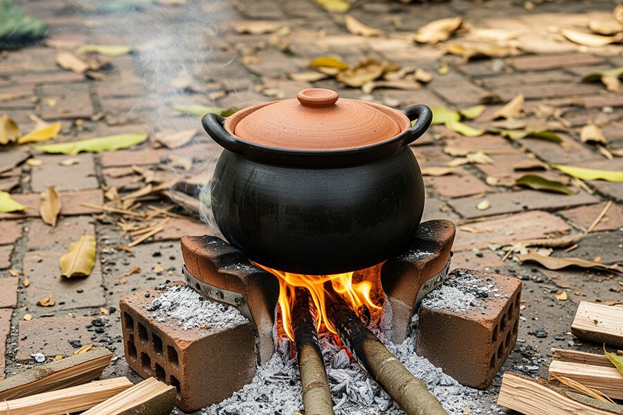 Hình ảnh nồi đất đun củi tạo muội đen làm lọ nghẹ dân gian