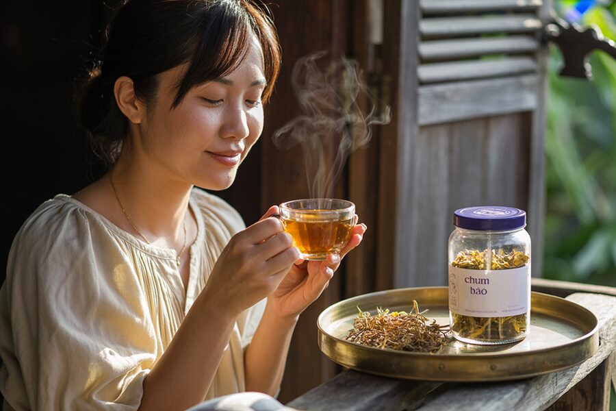Người Việt thưởng thức trà chùm bao, thư giãn nhẹ nhàng với dược liệu tự nhiên