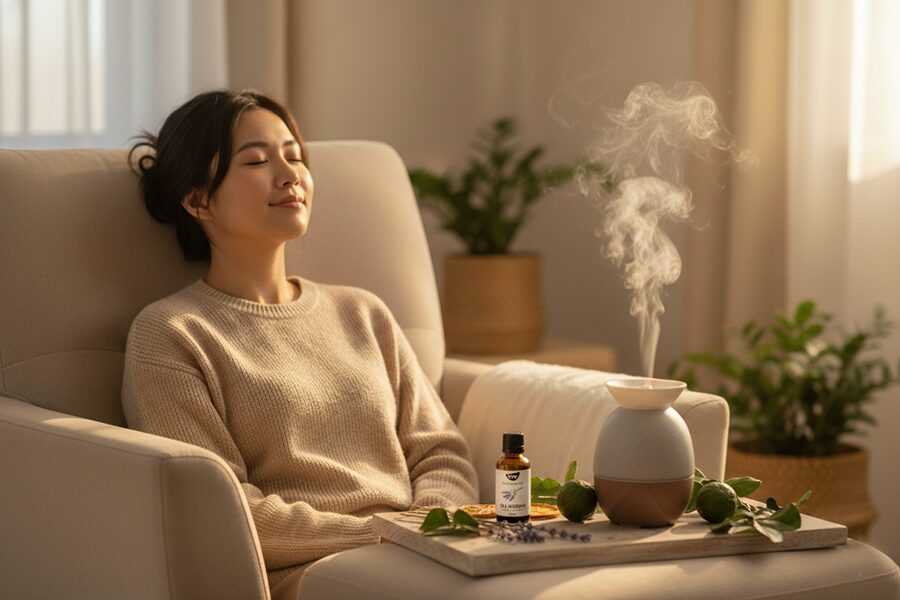 Tinh dầu thư giãn giảm căng thẳng giúp an thần và xoa dịu tâm trí.