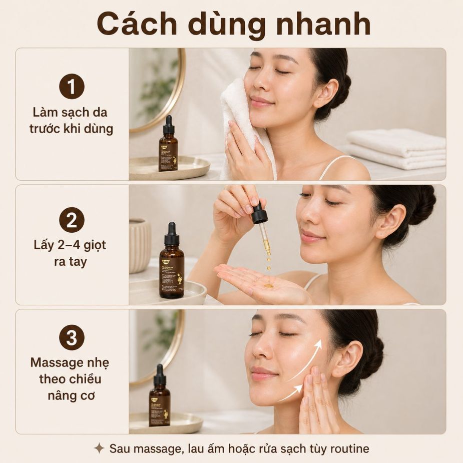 Hướng dẫn dùng dầu massage mặt Kobi Normal Skin bằng cách xoa đều và massage nhẹ trên da mặt.