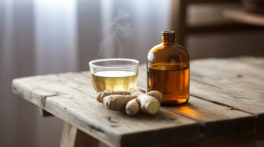oleoresin gừng trong sản xuất trà gừng, với hình ảnh trà gừng và lọ tinh dầu hổ phách
