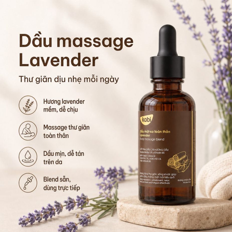 Dầu massage toàn thân Kobi Lavender 100ml hương oải hương dịu nhẹ giúp thư giãn cơ thể.