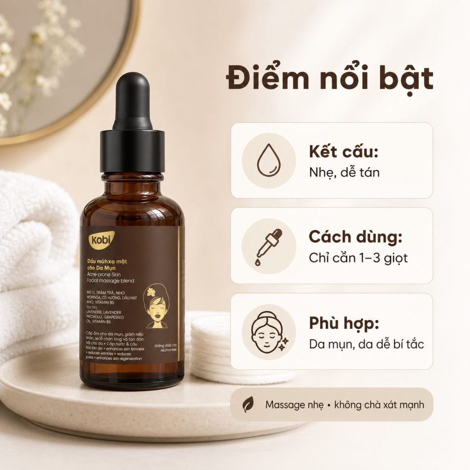 Dầu massage mặt Kobi Acne Prone có công thức blend sẵn, tiện dùng cho da mụn trong chăm sóc da mặt.