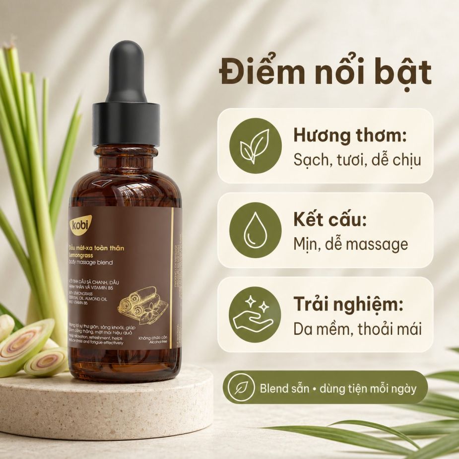 Điểm nổi bật của dầu massage Kobi Lemongrass với kết cấu dễ tán, dùng trực tiếp trên da.