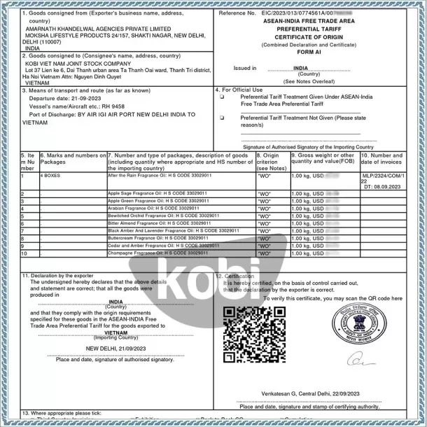 Giấy chứng nhận xuất xứ hàng hóa (CO) của Kobi Việt Nam – xác nhận nguồn gốc tinh dầu nhập khẩu rõ ràng, minh bạch và hợp pháp.