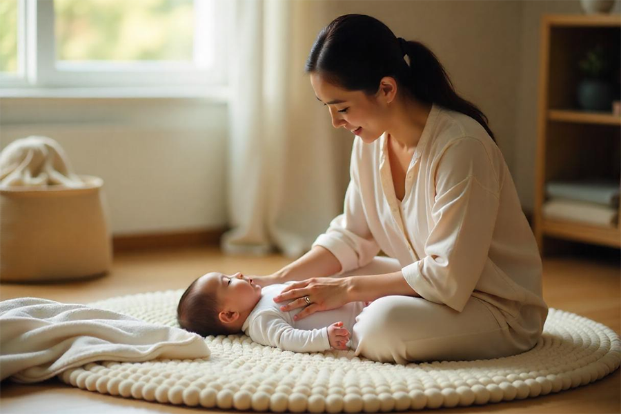 Mẹ đang massage cho bé bằng dầu massage em bé