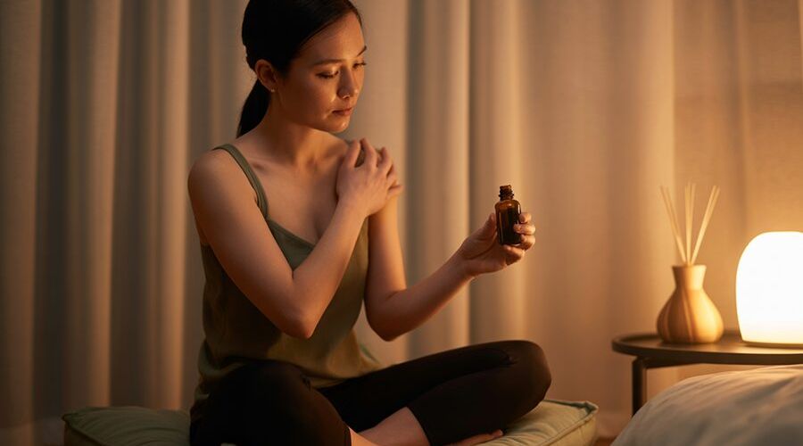 Người phụ nữ châu Á thư giãn với liệu pháp massage trước khi ngủ, ánh sáng ấm áp