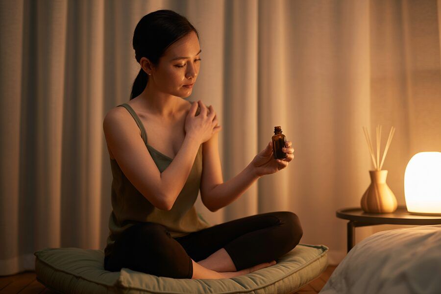 Người phụ nữ châu Á thư giãn với liệu pháp massage trước khi ngủ, ánh sáng ấm áp