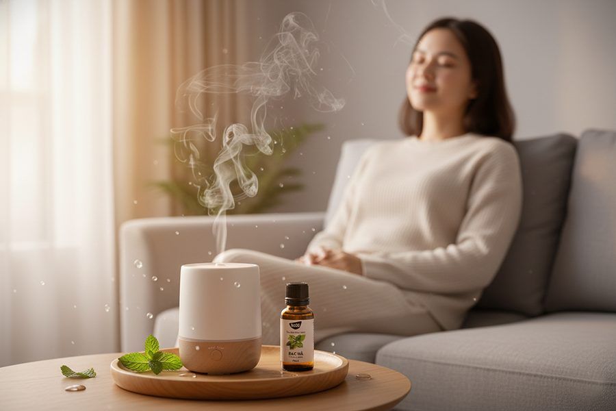 Tinh dầu bạc hà khuếch tán bằng máy diffuser trong không gian phòng khách
