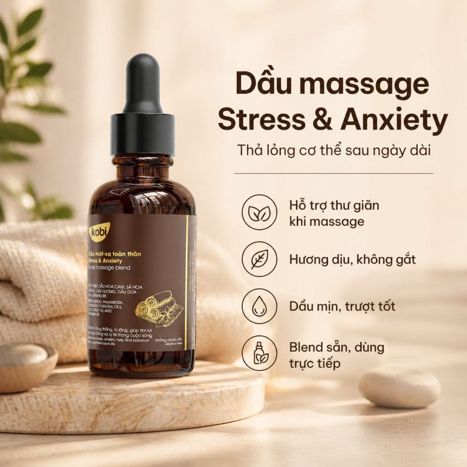 Dầu massage toàn thân Kobi Stress & Anxiety 100ml hỗ trợ thư giãn khi căng thẳng và mệt mỏi.