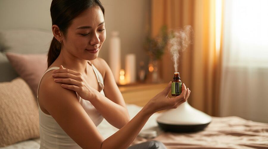 Người phụ nữ Việt đang massage thư giãn tại nhà với ánh sáng dịu nhẹ