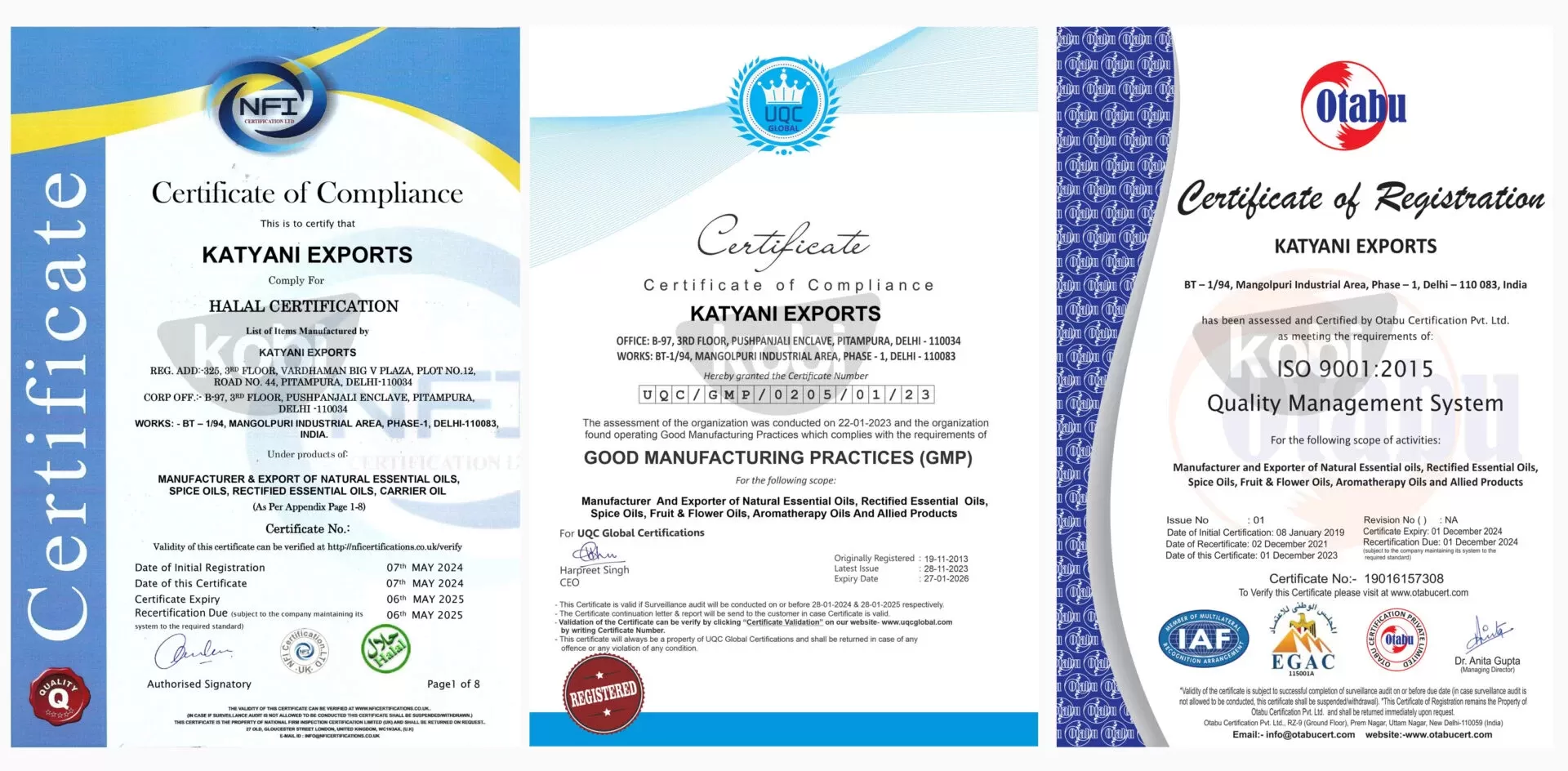 Bộ chứng nhận HALAL, GMP và ISO của nhà sản xuất Katayani Exports – đơn vị cung cấp tinh dầu đạt chuẩn quốc tế, đảm bảo an toàn và minh bạch.
