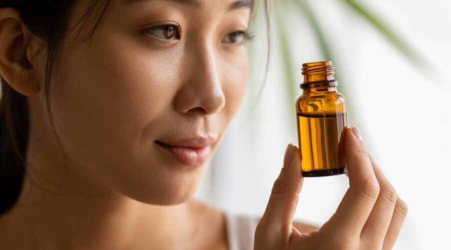 Tinh dầu chăm sóc da nhạy cảm – hình ảnh chai tinh dầu thủy tinh nâu hổ phách và làn da mịn màng
