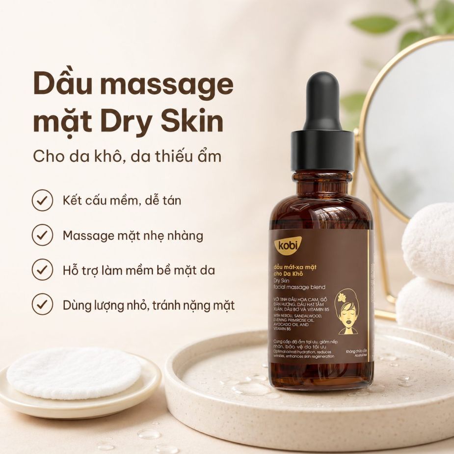 Dầu massage mặt Kobi Dry Skin 100ml cho da khô, hỗ trợ dưỡng ẩm và massage chăm sóc da mặt.