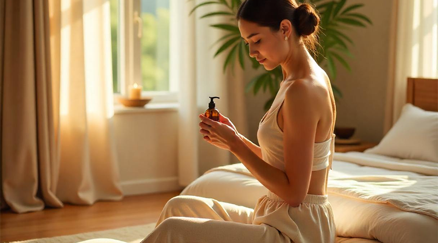 Người phụ nữ đang massage bằng dầu massage thiên nhiên tại nhà