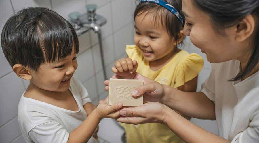 Gia đình Việt Nam vui vẻ dùng xà phòng handmade